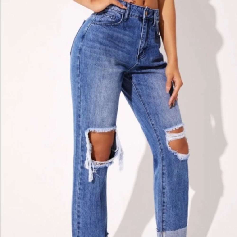 SHEIN Blue High Rise Distressed Ripped Jeans - Picture 3 of 3